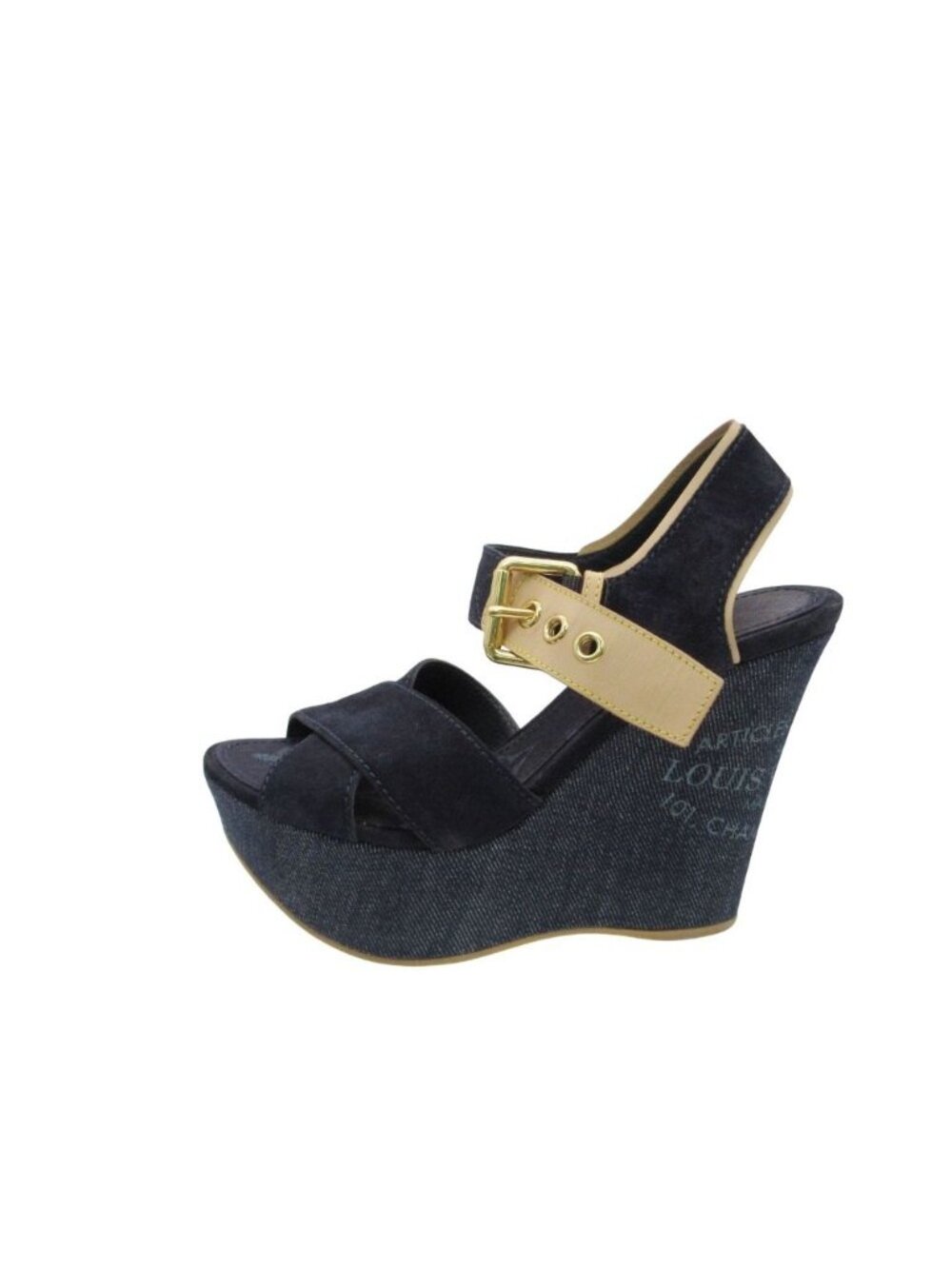 Louis Vuitton Sandals Monogram Wedge Sole Denim Suede Cross Strap Belt Shoes